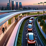 **

A futuristic cityscape at dusk. Autonomous electric vehicles seamlessly navigate streets lined with charging stations. Rooftop vertiports host sleek air taxis ready for takeoff. Pedestrians stroll along wide, green walkways, with shared scooters readily available. The scene emphasizes sustainability, technology, and accessibility for all.

**