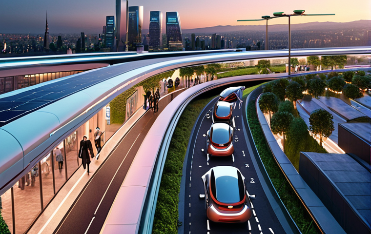 **
A futuristic cityscape at dusk. Autonomous electric vehicles seamlessly navigate streets lined with charging stations. Rooftop vertiports host sleek air taxis ready for takeoff. Pedestrians stroll along wide, green walkways, with shared scooters readily available. The scene emphasizes sustainability, technology, and accessibility for all.
**